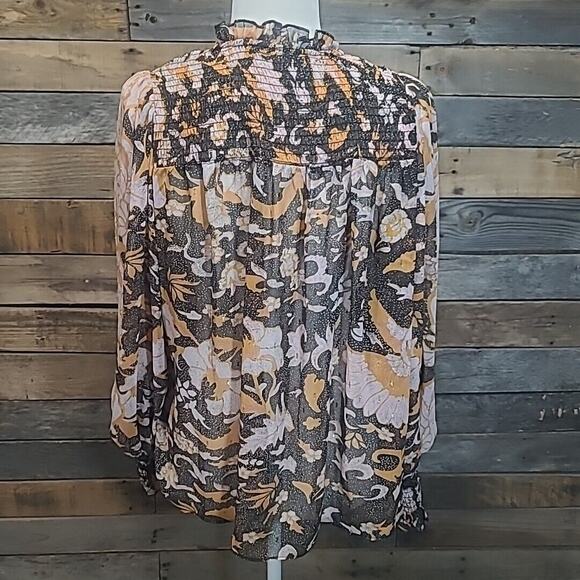 Anthropologie O.P.T. Black Pink Floral Sheer Long Sleeve Smocked top SZ M - Picture 5 of 9